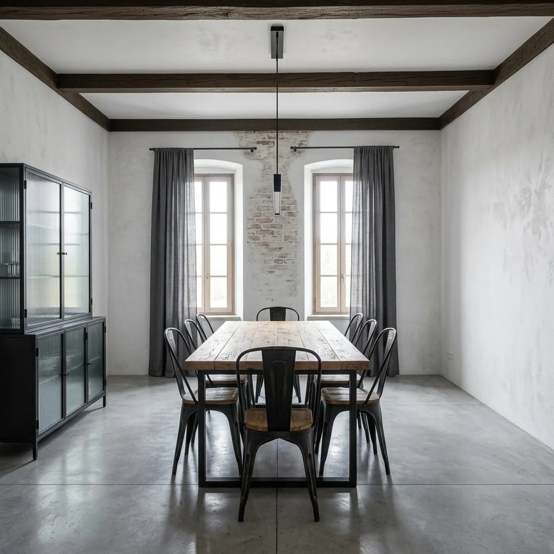 Render fotorealistico di una sala da pranzo generato dalla piantina 2D: tavolo in legno, sedie in metallo, travi a vista